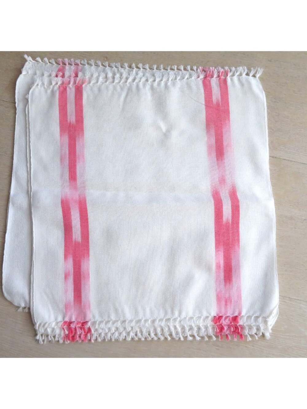 Set of 6 New White Napkins Pink Stripes Fringe Edges 12"x12" Cotton Blend